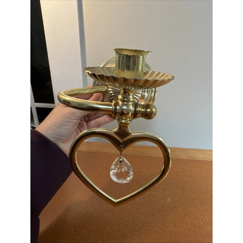 Vintage Brass Candle Holder Free Stand Or Wall Mounted Crystal Pendant 8